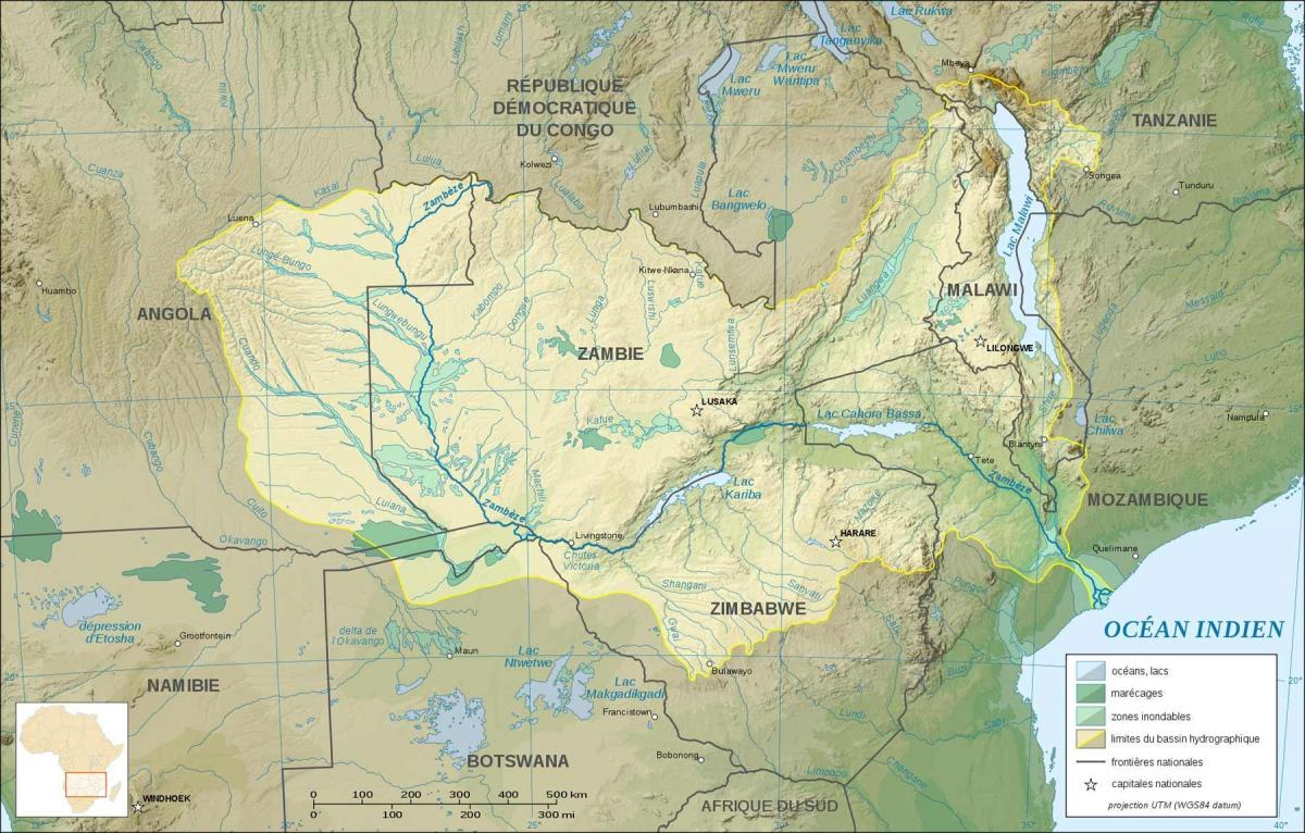 地图上的赞比亚表示河流和湖泊