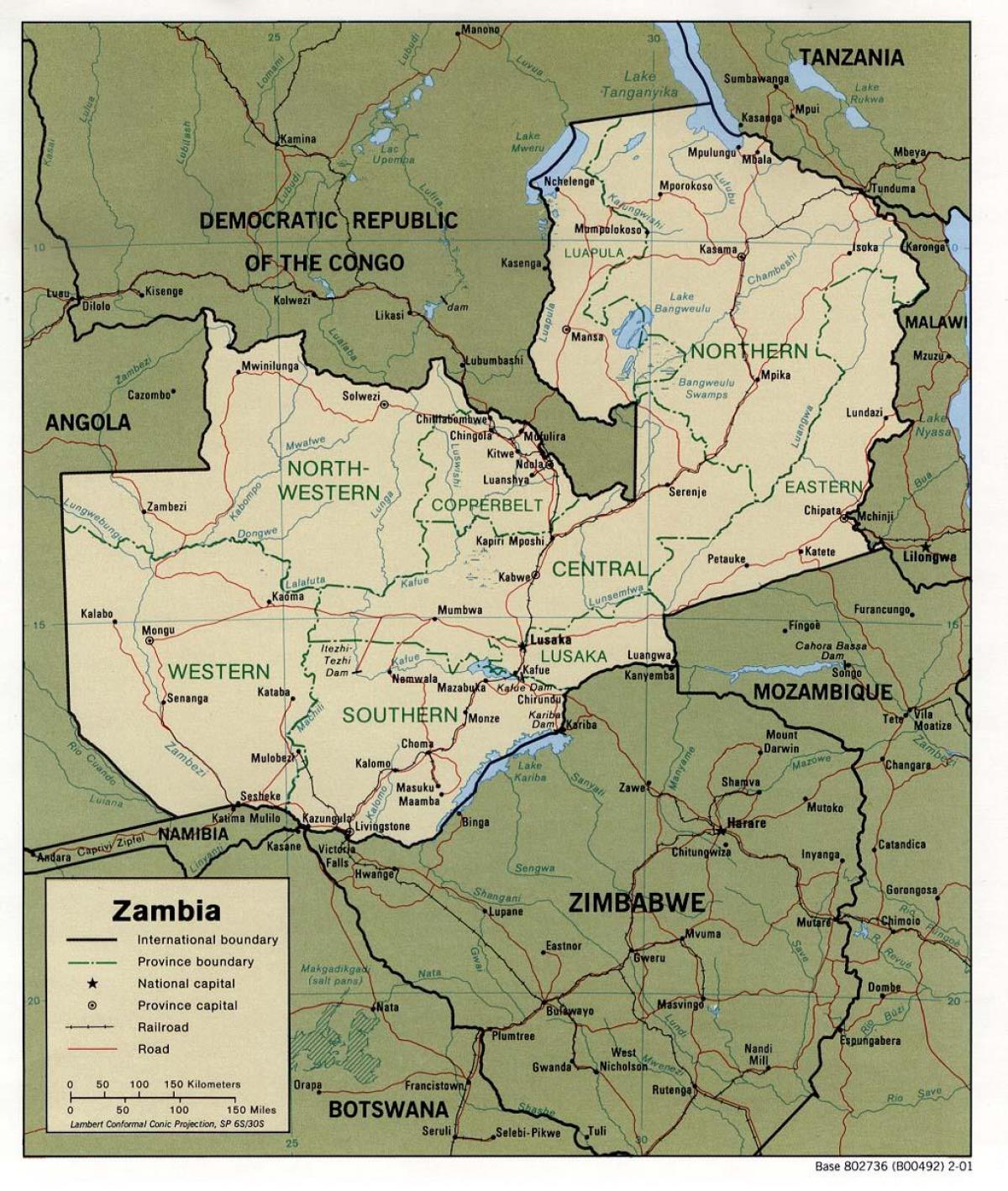 赞比亚的物理特征的地图
