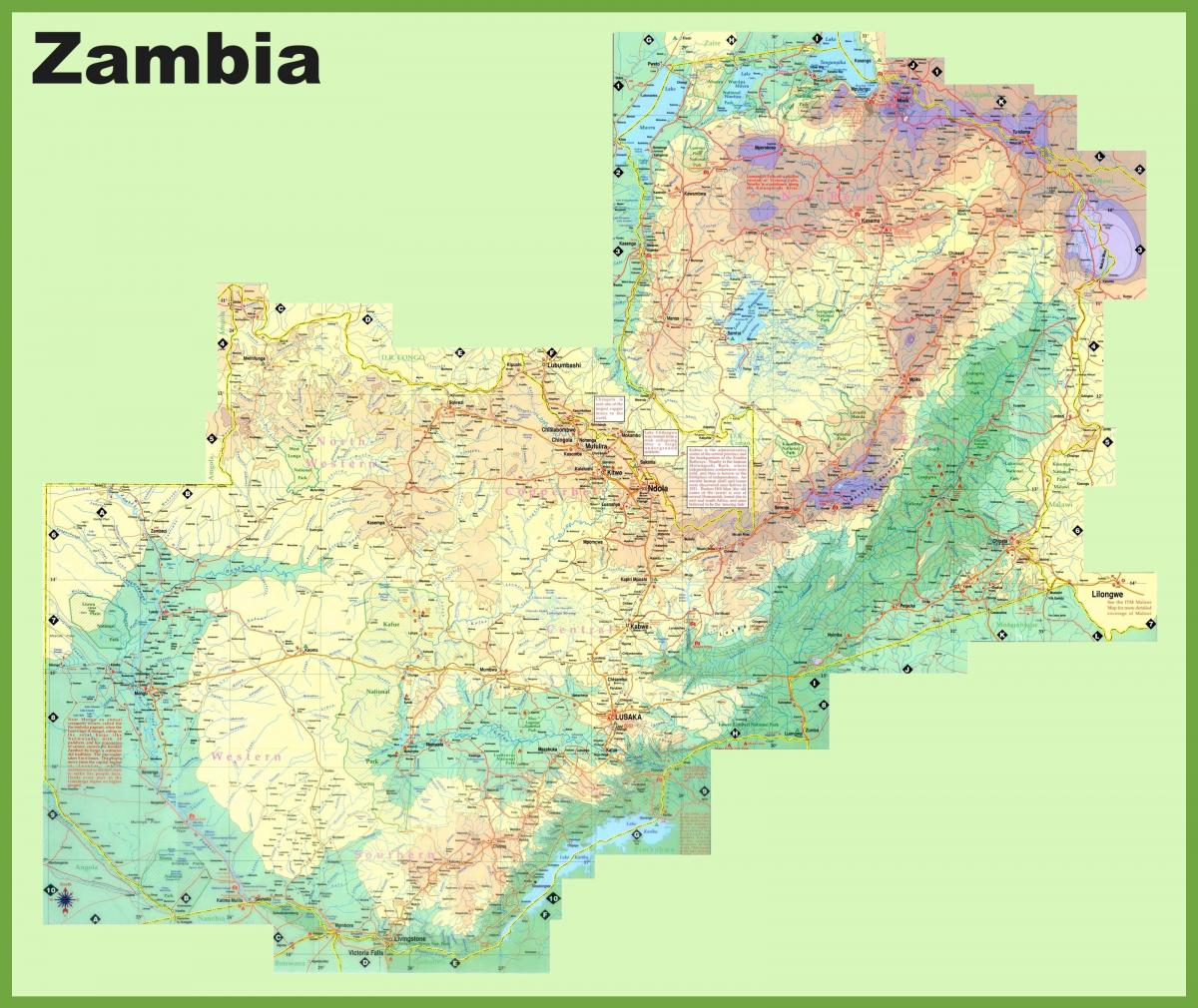 地图上的赞比亚表示所有城镇
